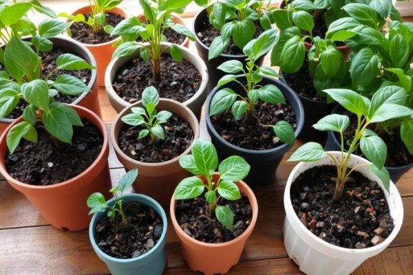 Assorted potted plants in different-sized containers placed on a wooden floor, illustrating how pot size affects watering frequency.