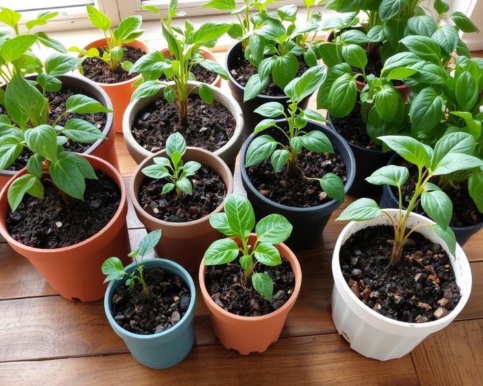 Assorted potted plants in different-sized containers placed on a wooden floor, illustrating how pot size affects watering frequency.
