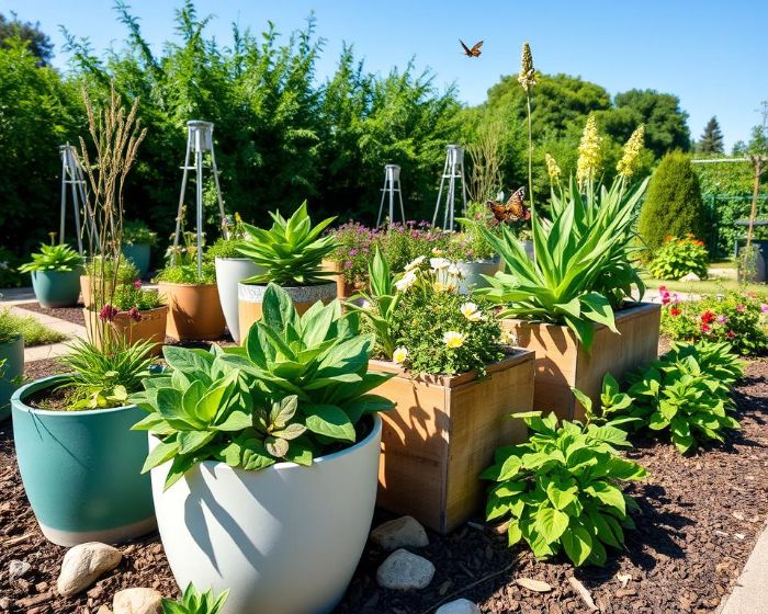 Garden with various container plants equipped with self-watering systems, ensuring efficient water usage and simplified plant care for a sustainable outdoor space.