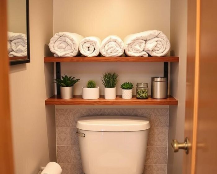 Bathroom with rustic wood shelves above the toilet, neatly holding rolled towels, plants, and storage jars, showcasing a stylish and practical storage solution.