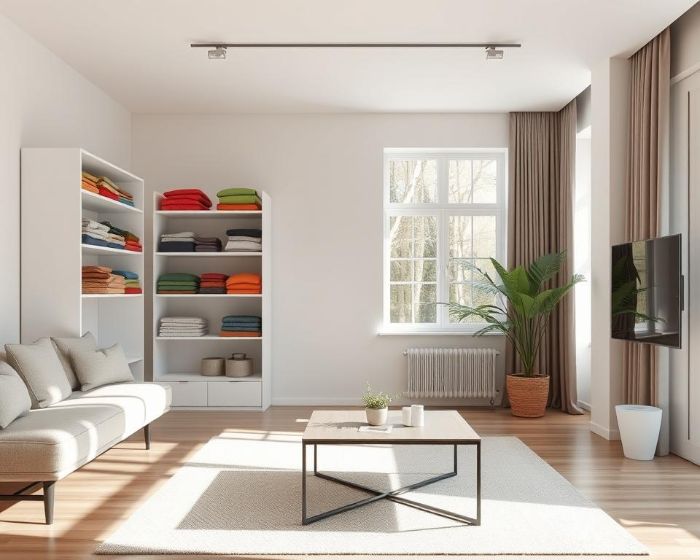 Minimalist living room with neatly organized shelves, a tidy sofa, and a bright, clutter-free space reflecting the KonMari method of home organization.