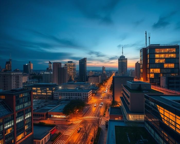 Modern cityscape at dusk illuminated by LED streetlights, showcasing energy-efficient urban lighting systems.
