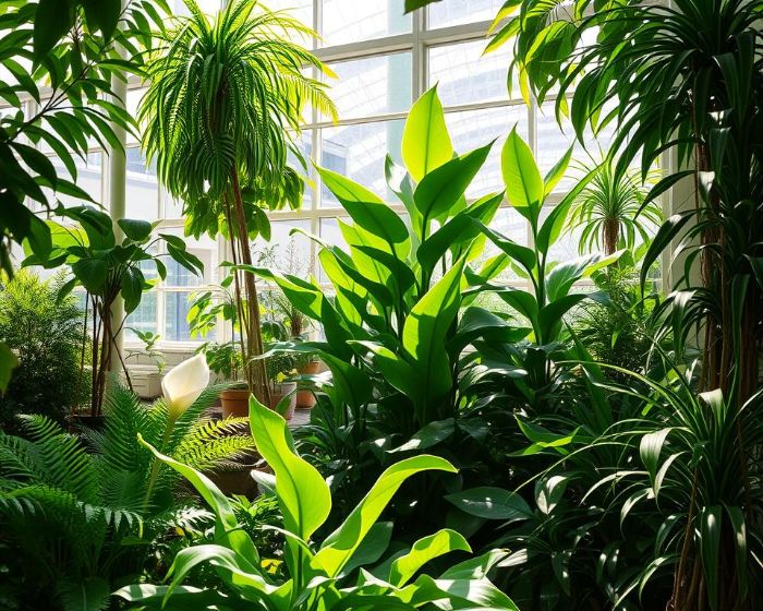 A lush indoor garden with various green plants thriving in natural sunlight, illustrating how living plants improve indoor air quality and create a healthier environment.