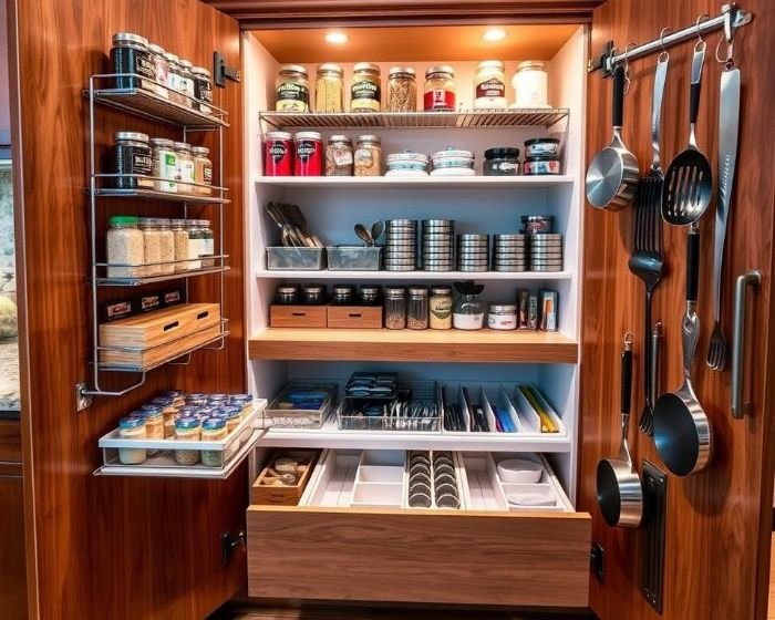 A well-organized kitchen cabinet with shelves, jars, and hanging utensils, showcasing clever cabinet organizers to maximize kitchen storage space.