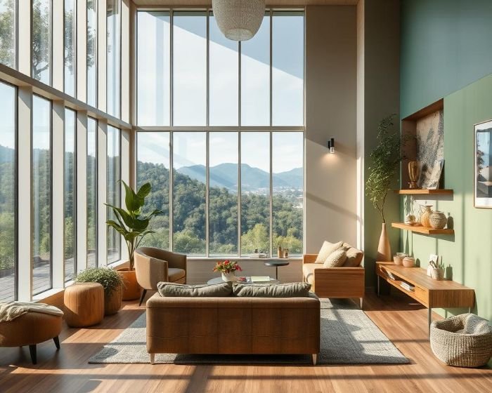 Living room with large windows, cozy seating, and stunning outdoor mountain views bringing nature indoors