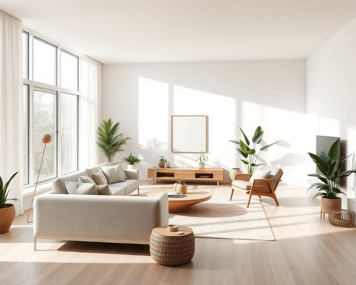 Bright minimalist living room with natural light, modern furniture, and indoor plants for a clean and clutter-free space