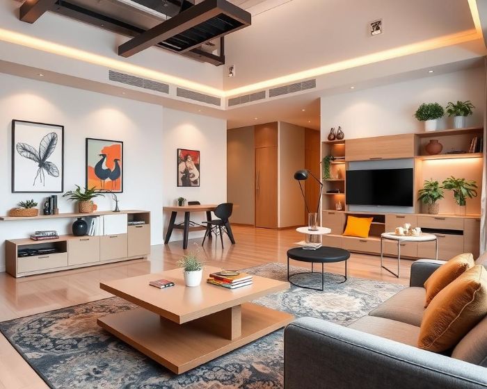 Modern living room with stylish multipurpose furniture, including a coffee table with storage, modular shelving, and a sleek entertainment unit, showcasing a blend of functionality and design.