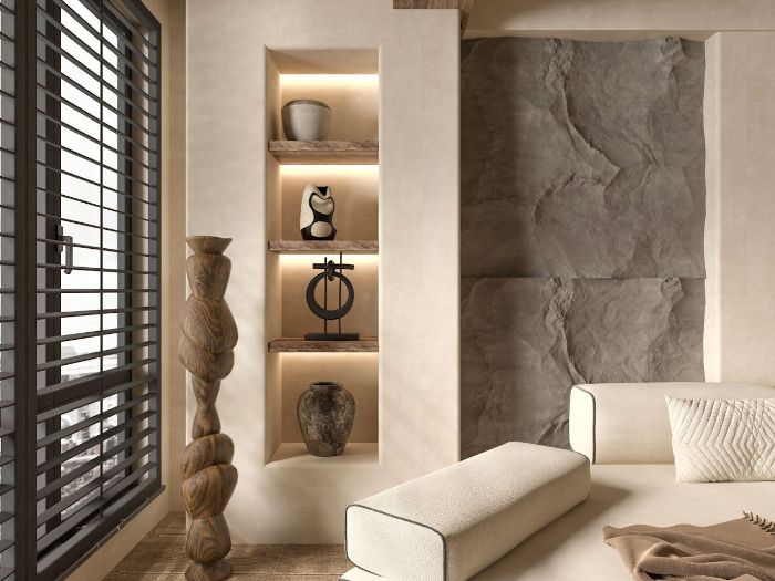 A modern living room with built-in illuminated wall-mounted shelves showcasing decorative items, illustrating space-saving and organizing solutions with wall-mounted cabinets and cubes.