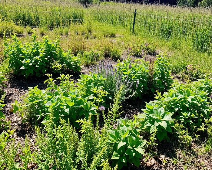 Lush green plants growing in a garden with a fenced background, illustrating strategies to prevent the spread of invasive plant species.