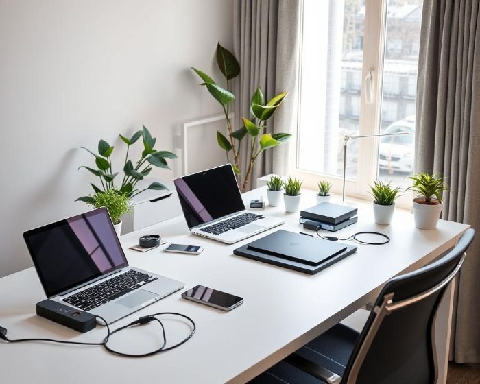 A well-organized workspace with multiple devices on a desk, surrounded by plants, illustrating strategies for reducing digital clutter by unsubscribing from emails and deleting unused apps.