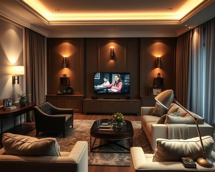 A modern living room with remote-controlled smart lighting, featuring customizable schedules, adjustable color temperatures, and integration with voice assistants for effortless mood adjustments.