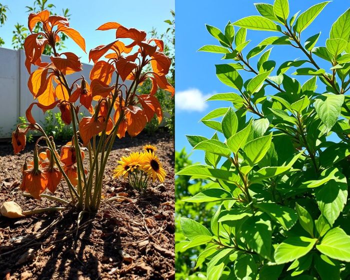 Side-by-side image showing a wilted plant with orange leaves due to heat stress and a thriving green plant, illustrating strategies for reviving plants affected by heat stress.