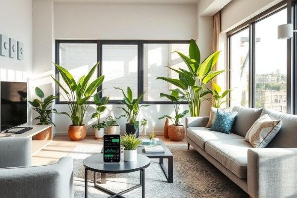 Modern living room with smart air quality monitor on a table surrounded by vibrant indoor plants, showcasing the integration of smart technology to improve indoor air quality.