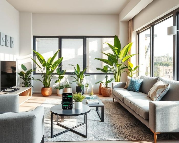 Modern living room with smart air quality monitor on a table surrounded by vibrant indoor plants, showcasing the integration of smart technology to improve indoor air quality.