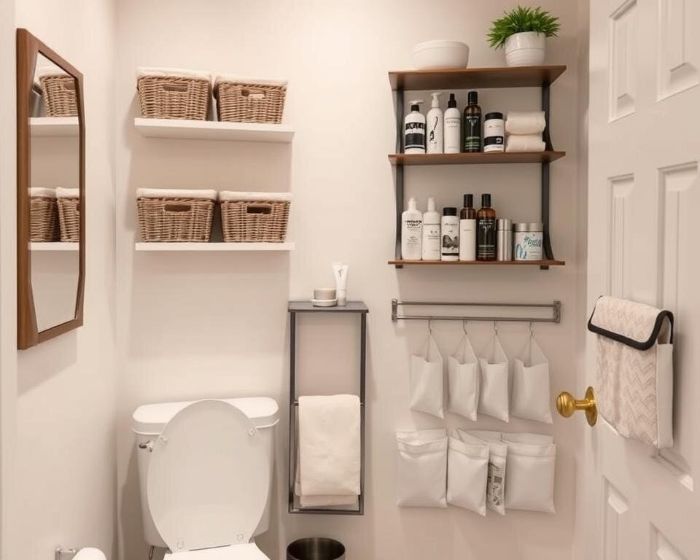 Organized small bathroom with shelves, baskets, and hanging storage solutions showcasing space-saving storage ideas for compact bathrooms.