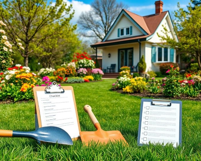Spring home maintenance checklist on clipboards with gardening tools on a lush green lawn, with a beautiful house and blooming flowers in the background.