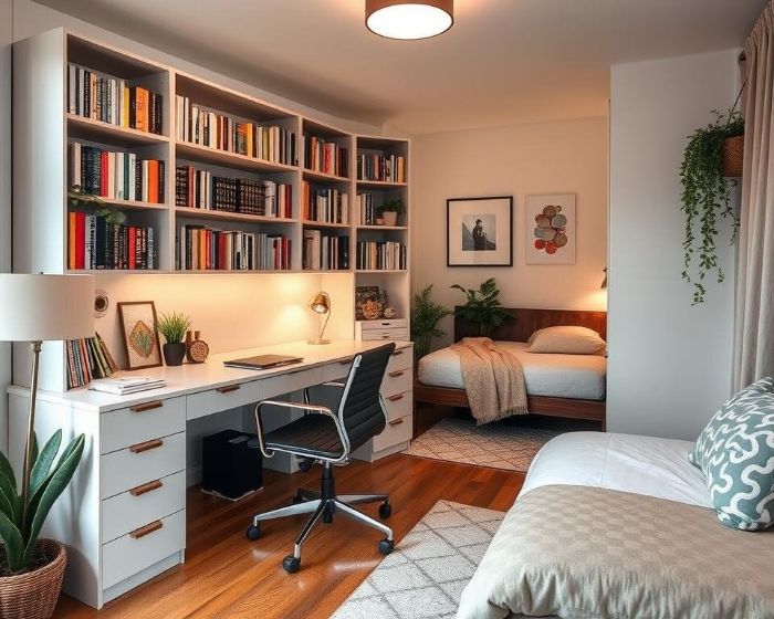 A dual-purpose room with a desk, built-in shelves filled with books, and a cozy bed, illustrating storage solutions like nightstands, floating shelves, and built-in units to serve both office and guest room needs.
