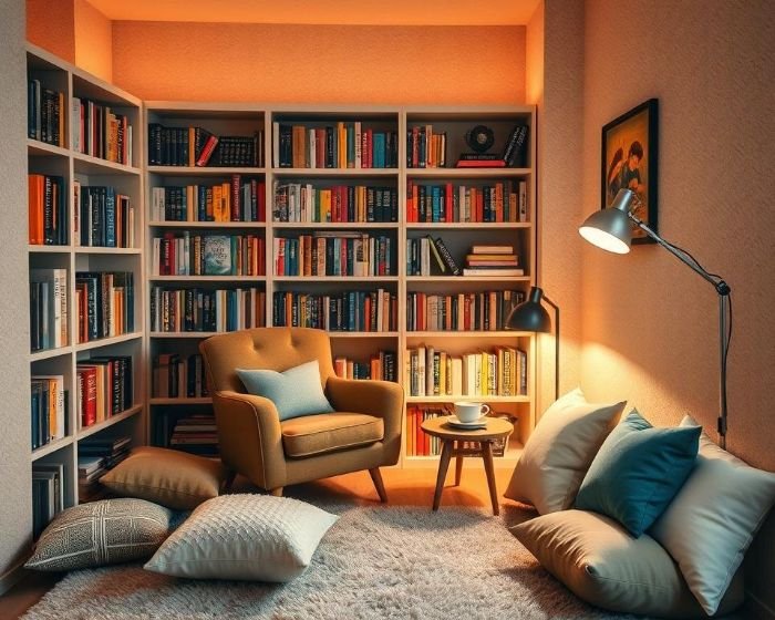 Cozy reading nook with an armchair, bookshelf lighting, and adjustable task lamp to reduce eye strain
