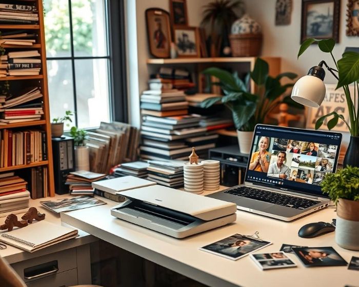 A home office desk with a laptop, scanner, and stacks of books and photos, illustrating the process of digitizing home clutter to organize and preserve items digitally.