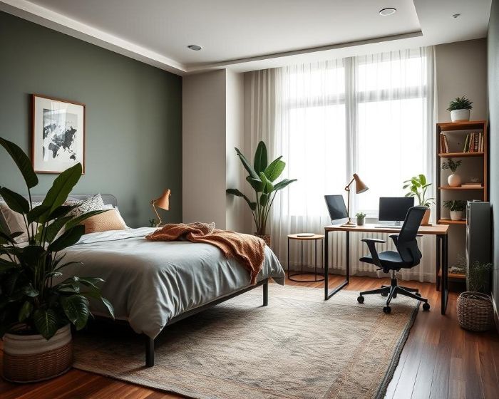 A small bedroom with a stylish desk and chair setup, alongside a cozy bed and plants, showcasing optimal furniture arrangement ideas for maximizing functionality in limited space.