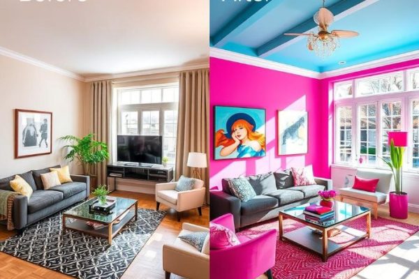 Before and after comparison of a living room transformed with bold and vibrant paint colors, showcasing the impact of affordable color makeovers.