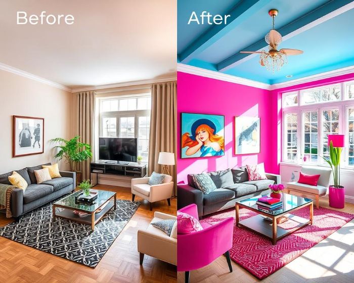 Before and after comparison of a living room transformed with bold and vibrant paint colors, showcasing the impact of affordable color makeovers.