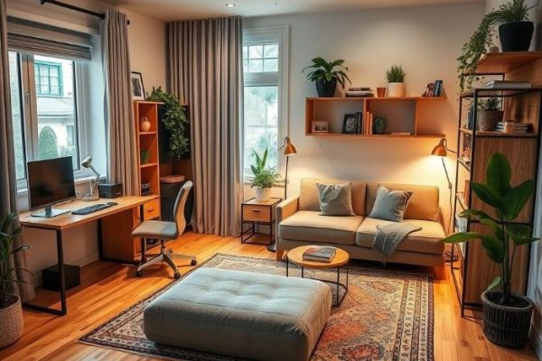 Stylish and functional home office setup in a spare bedroom with a cozy seating area, desk, and plants, illustrating ideas for transforming a bedroom into a dual-purpose home office.