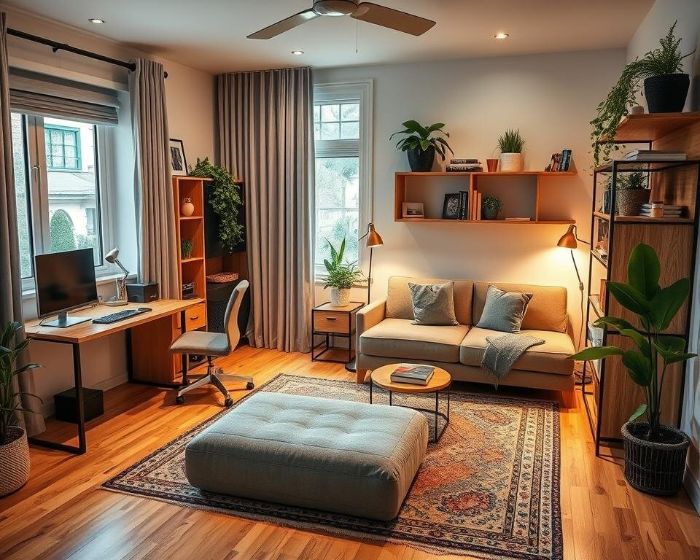 Stylish and functional home office setup in a spare bedroom with a cozy seating area, desk, and plants, illustrating ideas for transforming a bedroom into a dual-purpose home office.