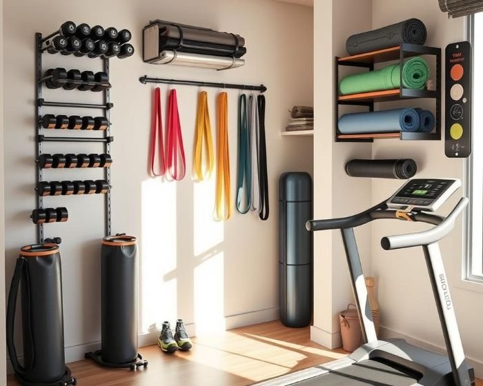 Home gym with organized storage for dumbbells, resistance bands, and yoga mats, illustrating under-furniture storage options for workout gear