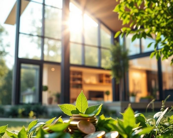 A modern energy-efficient home with sunlight streaming through large windows, accompanied by greenery and stacked coins, illustrating rebates and tax incentives for upgrading to energy-efficient windows.