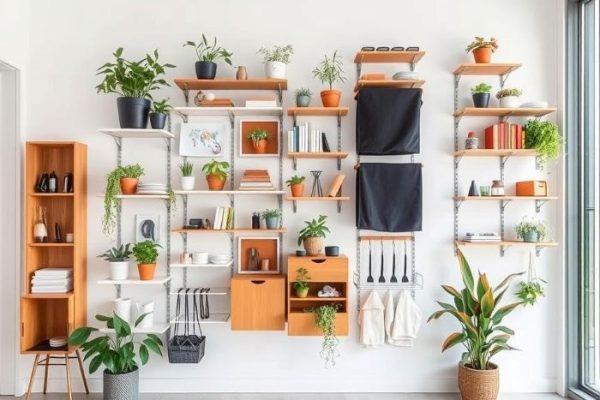 A stylish wall with organized shelves and hanging storage, showcasing creative vertical space utilization ideas with plants, books, and decor for efficient home organization.