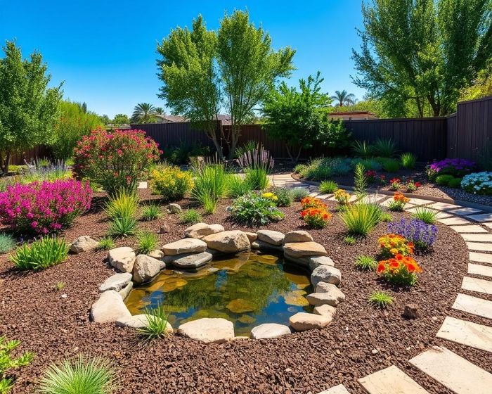 A beautifully designed water-efficient garden with a small pond, drought-tolerant plants, and a stone pathway, illustrating sustainable landscaping practices.