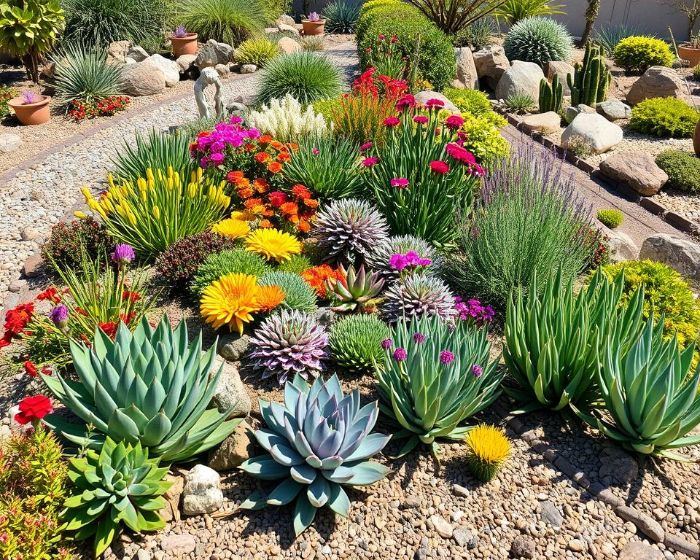 Colorful xeriscaped garden with drought-tolerant plants grouped by water needs, showcasing efficient water-saving landscaping.