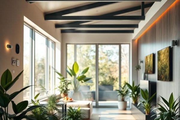 Modern living room with natural lighting, lush indoor plants, and automated humidity control system for improved health and comfort.