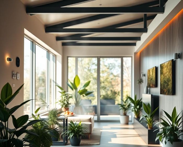 Modern living room with natural lighting, lush indoor plants, and automated humidity control system for improved health and comfort.