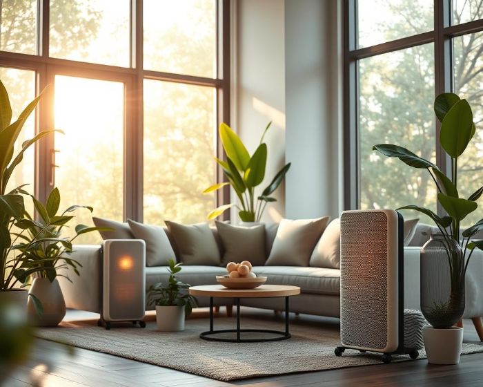 Modern living room with HEPA-filter air purifiers and natural light, showcasing advanced air purification technologies like UV-C light and activated carbon filters for improved indoor air quality.