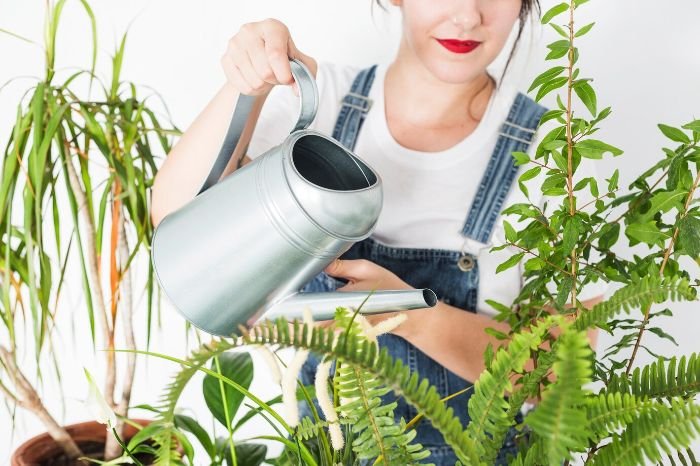 Woman in overalls watering houseplants with a silver watering can, demonstrating proper watering techniques to alleviate heat stress in plants.