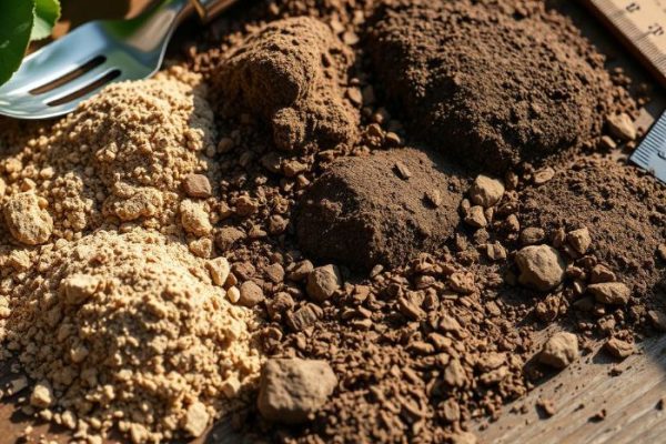 Various soil textures displayed on a wooden surface, showcasing sand, silt, and clay for a guide on analyzing soil texture for gardeners.