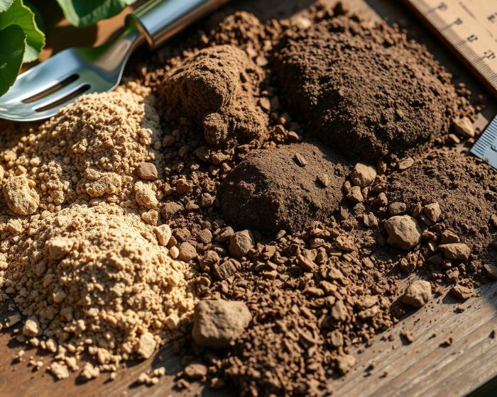 Various soil textures displayed on a wooden surface, showcasing sand, silt, and clay for a guide on analyzing soil texture for gardeners.