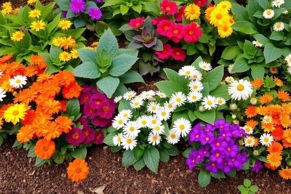 A vibrant flower bed showcasing a mix of colorful annual and perennial flowers, illustrating companion planting benefits in a garden.