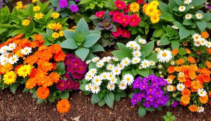 A vibrant flower bed showcasing a mix of colorful annual and perennial flowers, illustrating companion planting benefits in a garden.