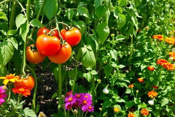Tomato plants growing alongside colorful companion flowers in a vibrant garden, showcasing ideal companion planting for tomatoes.