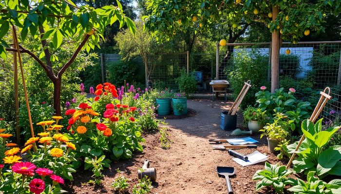 A thriving community garden with vibrant flowers, tools scattered in the soil, and a lush lemon tree, illustrating how gardening fosters a sense of purpose, responsibility, and personal growth for participants.