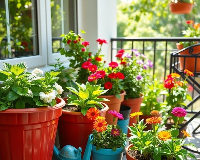 Colorful flower pots with vibrant plants on a sunny balcony, showcasing ideal container choices for small-space gardening on patios and balconies.