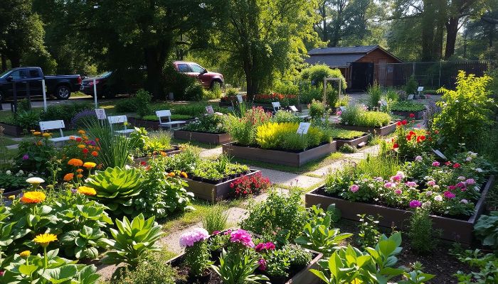 A vibrant community garden with raised flower beds, colorful blooms, and a welcoming layout, highlighting the role of gardening in reducing social isolation and fostering connections among participants.