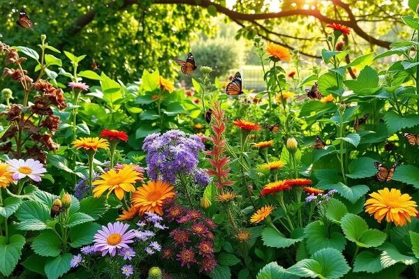 A vibrant organic garden with a variety of companion plants and butterflies, showcasing natural pest-repellent strategies through diverse plant pairings.