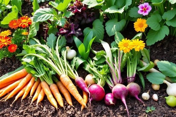 Freshly harvested root vegetables like carrots, beets, and onions surrounded by companion flowers and leafy plants in a healthy garden bed.