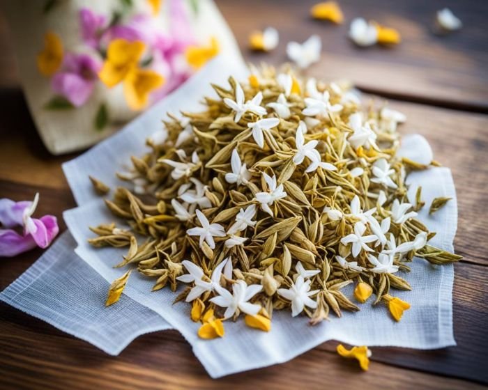 A pile of dried jasmine flowers arranged on a cloth, showcasing their use in eco-friendly DIY air freshener projects, such as sprays, diffusers, and simmer pots for a natural and floral aroma.