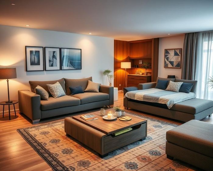 A modern living room featuring stylish and durable multipurpose furniture, including a sofa, a convertible bed, and a multifunctional coffee table.