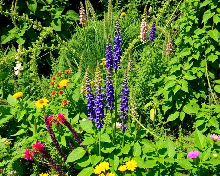 A vibrant garden showcasing various plants and flowers, including species like English Ivy, with tips on identifying and controlling its spread to protect native vegetation.